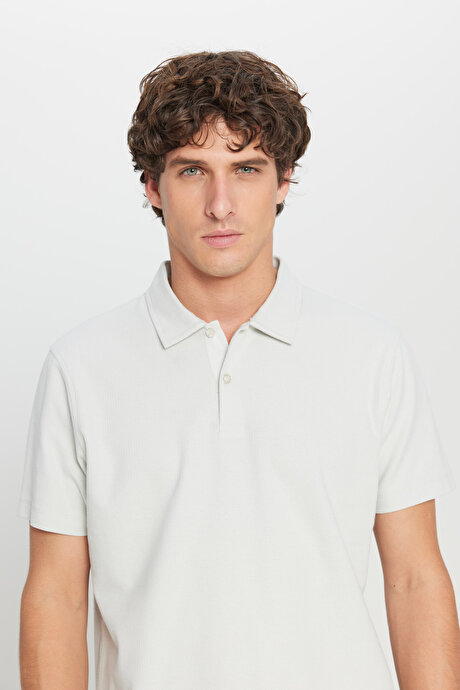 %100 Pamuk Slim Fit Dar Kesim Polo Yaka Jakarlı Triko Gri Tişört resmi