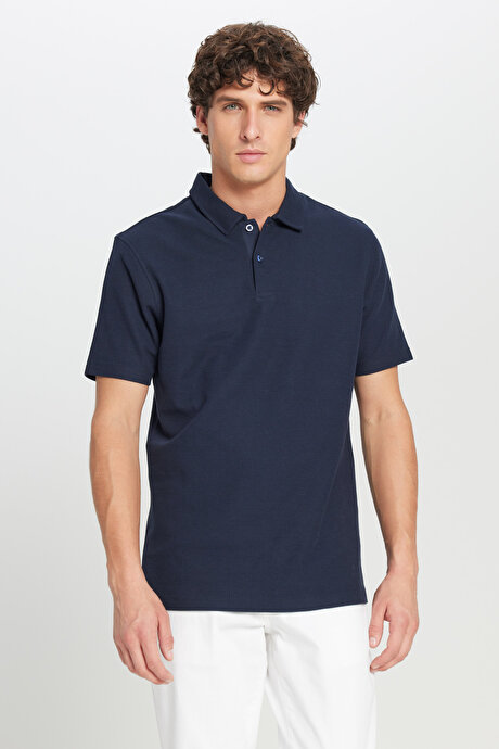 %100 Pamuk Slim Fit Dar Kesim Polo Yaka Jakarlı Triko Lacivert Tişört resmi