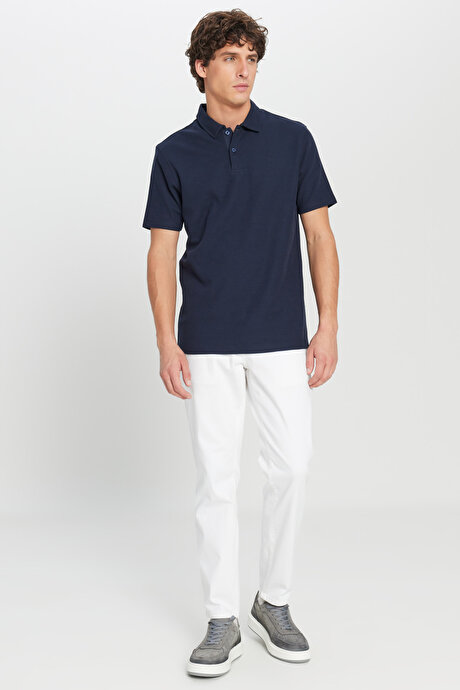 %100 Pamuk Slim Fit Dar Kesim Polo Yaka Jakarlı Triko Lacivert Tişört resmi