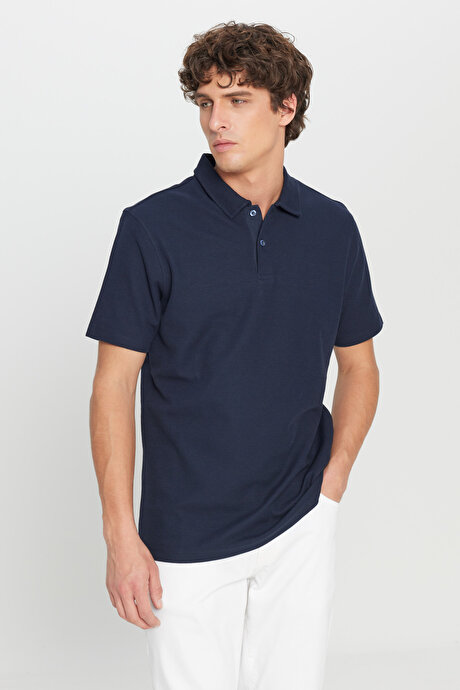 %100 Pamuk Slim Fit Dar Kesim Polo Yaka Jakarlı Triko Lacivert Tişört resmi
