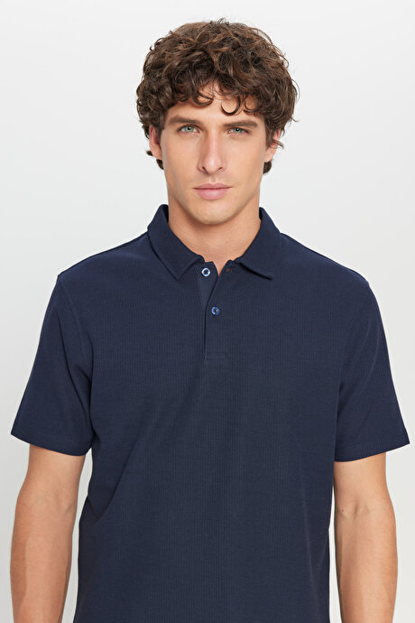 %100 Pamuk Slim Fit Dar Kesim Polo Yaka Jakarlı Triko Lacivert Tişört resmi