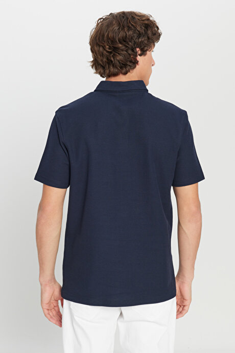%100 Pamuk Slim Fit Dar Kesim Polo Yaka Jakarlı Triko Lacivert Tişört resmi