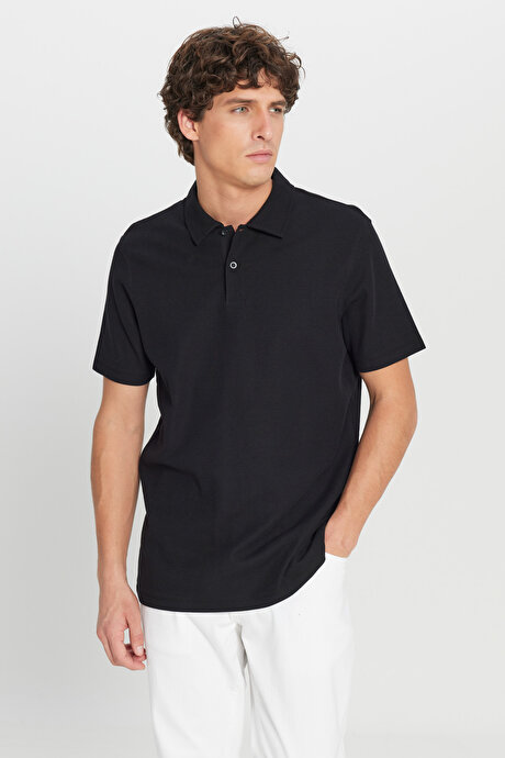 %100 Pamuk Slim Fit Dar Kesim Polo Yaka Jakarlı Triko Siyah Tişört resmi