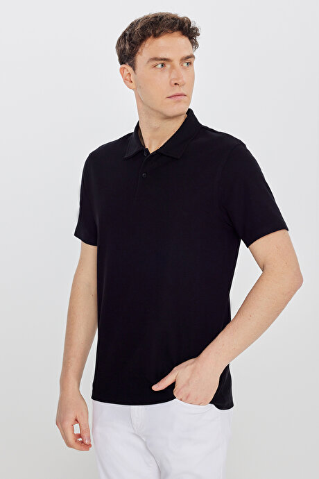 %100 Pamuk Slim Fit Dar Kesim Polo Yaka Jakarlı Triko Siyah Tişört resmi