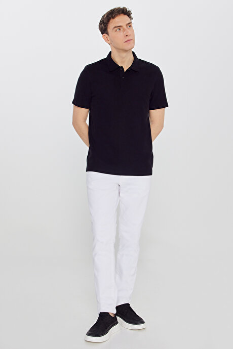 %100 Pamuk Slim Fit Dar Kesim Polo Yaka Jakarlı Triko Siyah Tişört resmi