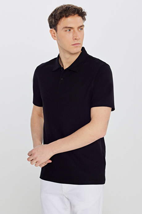 %100 Pamuk Slim Fit Dar Kesim Polo Yaka Jakarlı Triko Siyah Tişört resmi