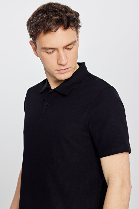 %100 Pamuk Slim Fit Dar Kesim Polo Yaka Jakarlı Triko Siyah Tişört resmi
