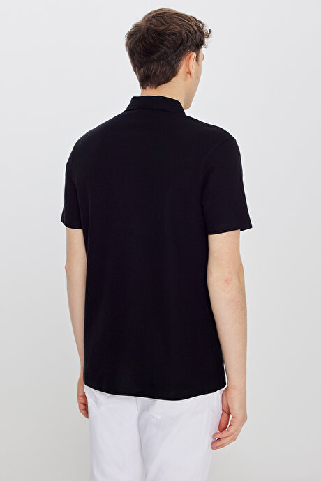 %100 Pamuk Slim Fit Dar Kesim Polo Yaka Jakarlı Triko Siyah Tişört resmi