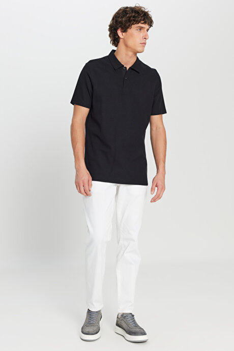 %100 Pamuk Slim Fit Dar Kesim Polo Yaka Jakarlı Triko Siyah Tişört resmi