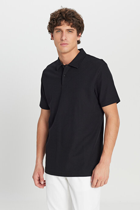 %100 Pamuk Slim Fit Dar Kesim Polo Yaka Jakarlı Triko Siyah Tişört resmi