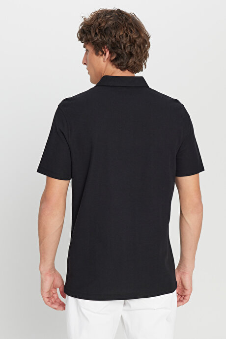 %100 Pamuk Slim Fit Dar Kesim Polo Yaka Jakarlı Triko Siyah Tişört resmi