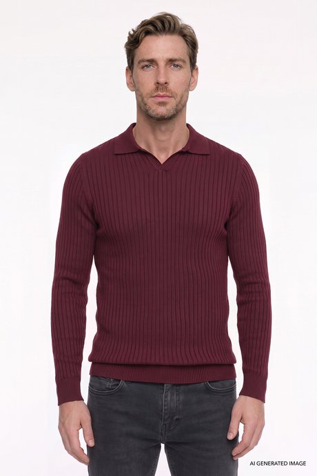 Standart Fit Normal Kesim Polo Yaka Jakarlı Triko Bordo Triko resmi