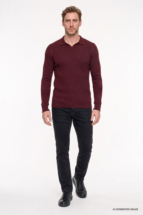 Standart Fit Normal Kesim Polo Yaka Jakarlı Triko Bordo Triko resmi