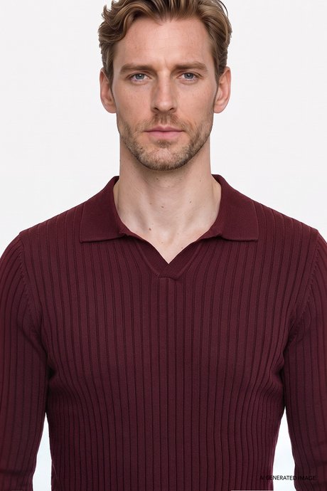 Standart Fit Normal Kesim Polo Yaka Jakarlı Triko Bordo Triko resmi