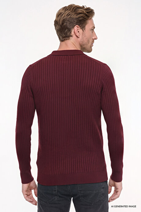 Standart Fit Normal Kesim Polo Yaka Jakarlı Triko Bordo Triko resmi