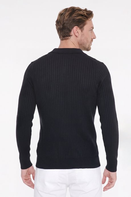 Standart Fit Normal Kesim Polo Yaka Jakarlı Triko Lacivert Triko resmi