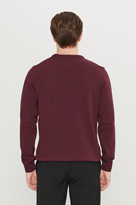 Pamuklu Standart Fit Normal Kesim Bisiklet Yaka Jakarlı Triko Bordo Kazak resmi