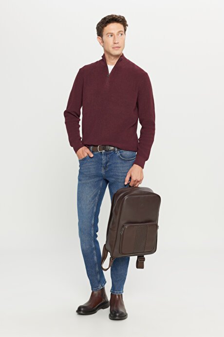 Pamuklu Standart Fit Normal Kesim Bato Yaka Jakarlı Triko Bordo Kazak resmi