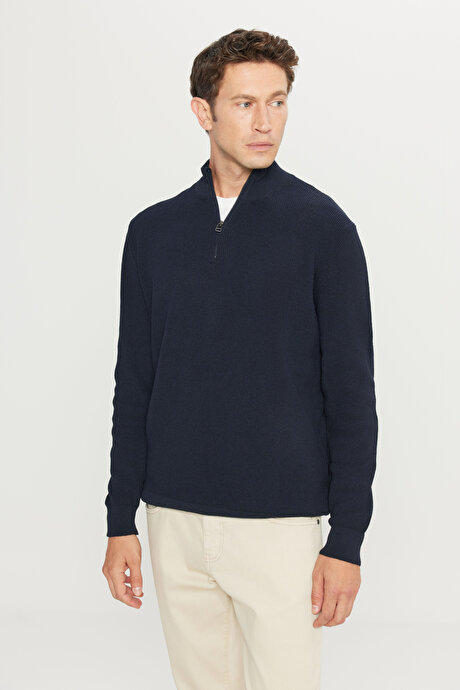 Pamuklu Standart Fit Normal Kesim Bato Yaka Jakarlı Triko Lacivert Kazak resmi