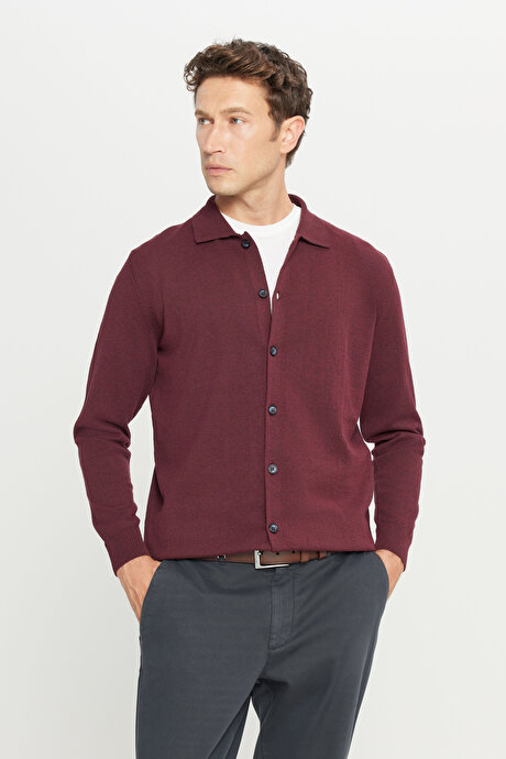 Pamuklu Standart Fit Normal Kesim Gömlek Yaka Triko Bordo Tişört resmi