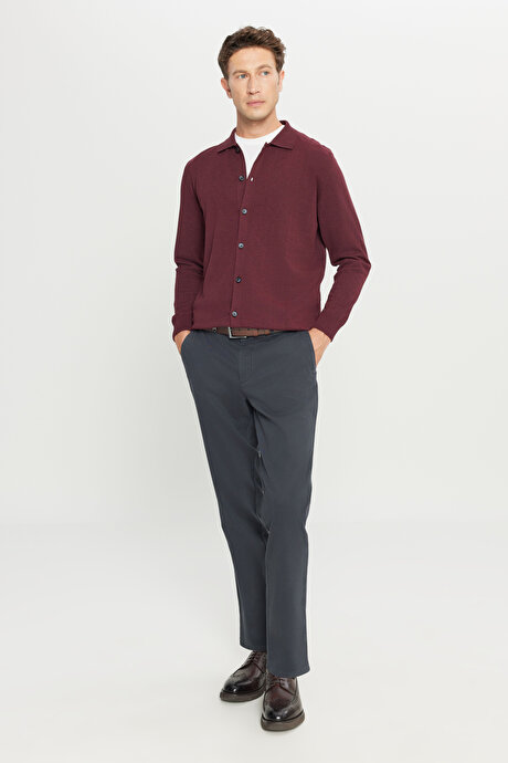 Pamuklu Standart Fit Normal Kesim Gömlek Yaka Triko Bordo Tişört resmi