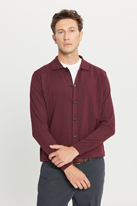 Pamuklu Standart Fit Normal Kesim Gömlek Yaka Triko Bordo Tişört resmi