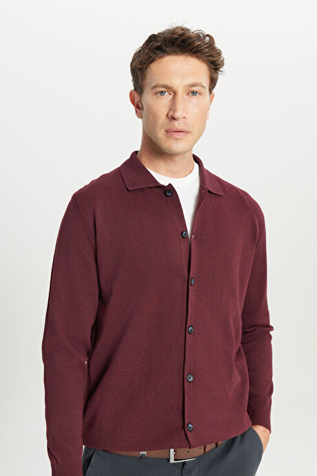 Pamuklu Standart Fit Normal Kesim Gömlek Yaka Triko Bordo Tişört resmi