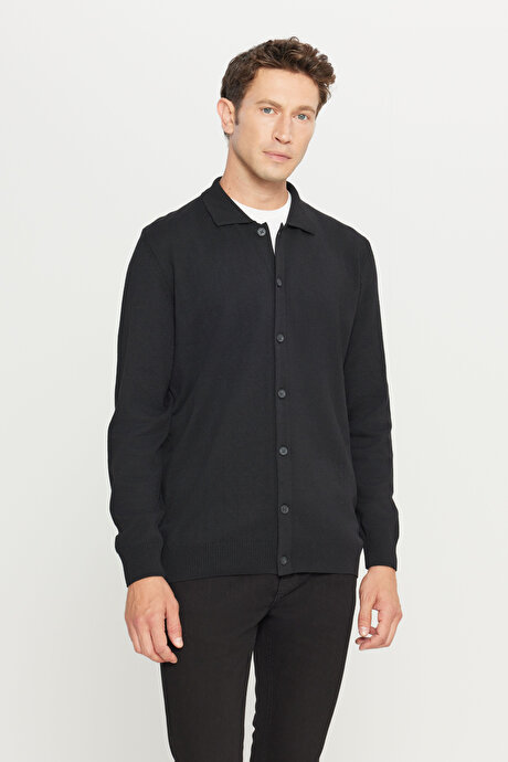 Pamuklu Standart Fit Normal Kesim Gömlek Yaka Triko Siyah Tişört resmi