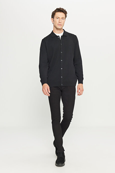 Pamuklu Standart Fit Normal Kesim Gömlek Yaka Triko Siyah Tişört resmi