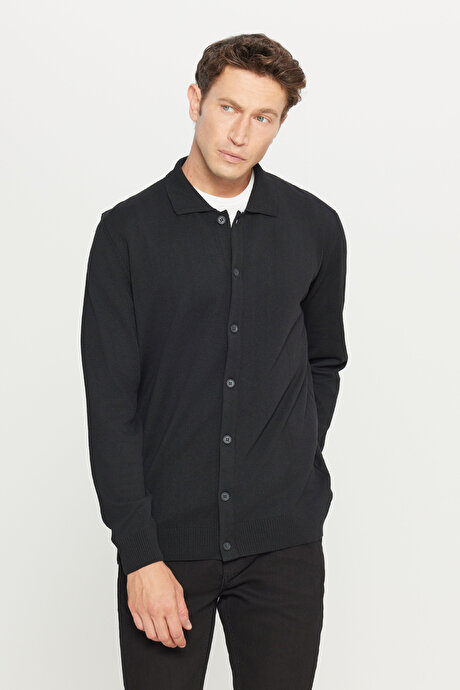 Pamuklu Standart Fit Normal Kesim Gömlek Yaka Triko Siyah Tişört resmi