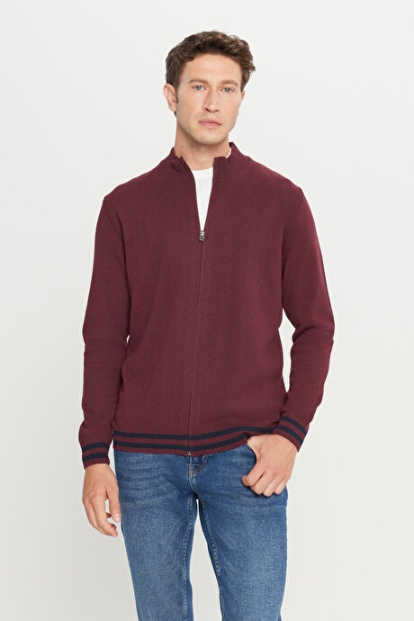 Pamuklu Standart Fit Normal Kesim Dik Yaka Triko Bordo Triko Ceket resmi