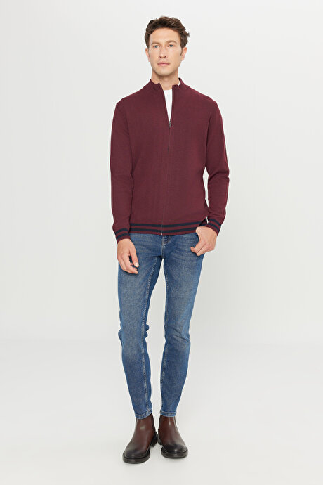 Pamuklu Standart Fit Normal Kesim Dik Yaka Triko Bordo Triko Ceket resmi