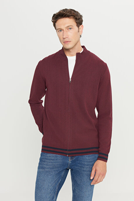 Pamuklu Standart Fit Normal Kesim Dik Yaka Triko Bordo Triko Ceket resmi