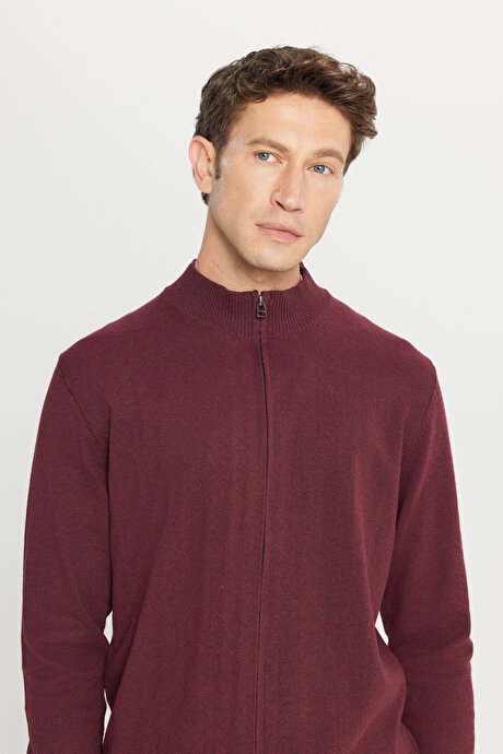 Pamuklu Standart Fit Normal Kesim Dik Yaka Triko Bordo Triko Ceket resmi