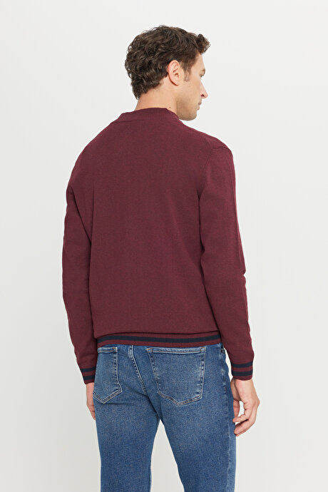 Pamuklu Standart Fit Normal Kesim Dik Yaka Triko Bordo Triko Ceket resmi