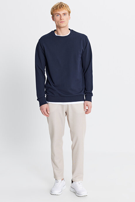 Pamuklu Standart Fit Normal Kesim Beli Bağlamalı Yan Cepli Jakarlı Bej Eşofman Altı resmi