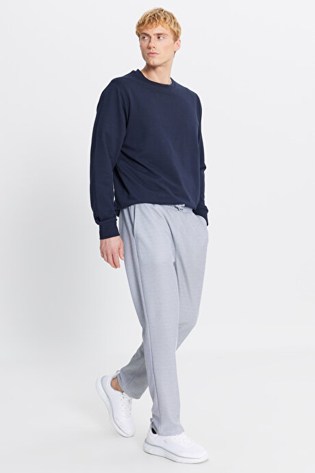 Pamuklu Standart Fit Normal Kesim Beli Bağlamalı Yan Cepli Jakarlı Lacivert Melanj Eşofman Altı resmi