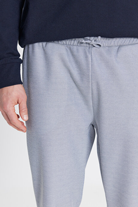 Pamuklu Standart Fit Normal Kesim Beli Bağlamalı Yan Cepli Jakarlı Lacivert Melanj Eşofman Altı resmi