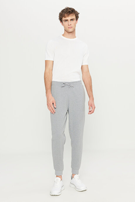 Pamuklu Standart Fit Beli Bağlamalı Desenli Yan Cepli Gri Melanj Eşofman Altı resmi