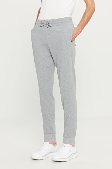 Pamuklu Standart Fit Beli Bağlamalı Desenli Yan Cepli Gri Melanj Eşofman Altı resmi