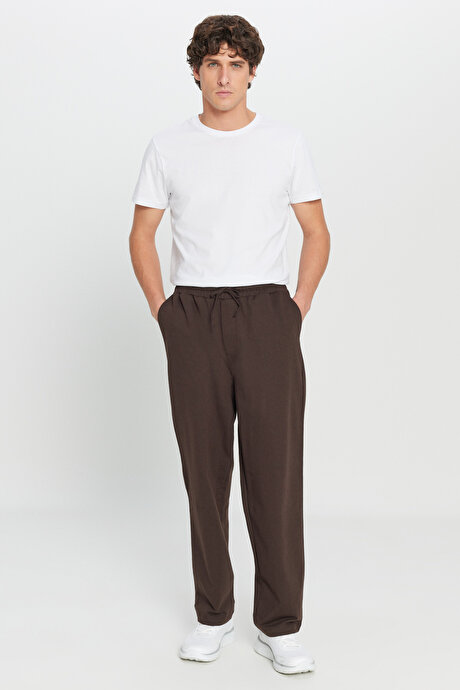 Pamuklu Standart Fit Normal Kesim Beli Bağlamalı Yan Cepli Örme Kahverengi Eşofman Altı resmi