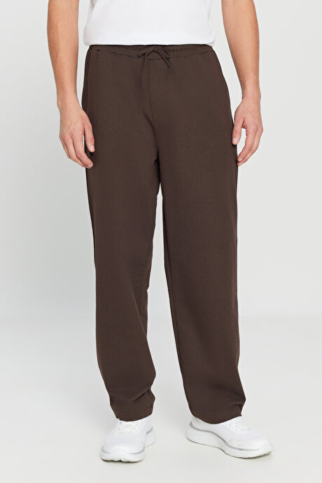 Pamuklu Standart Fit Normal Kesim Beli Bağlamalı Yan Cepli Örme Kahverengi Eşofman Altı resmi