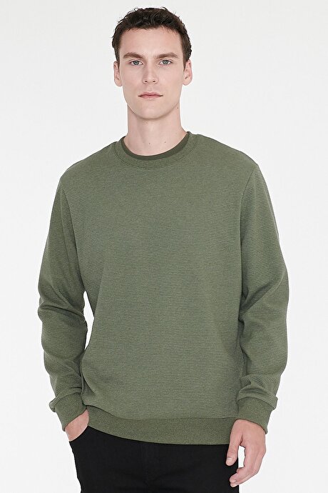 2 İplik Sıcak Tutan Standart Fit Normal Kesim Bisiklet Yaka Dokulu Haki Sweatshirt resmi
