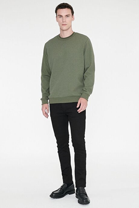 2 İplik Sıcak Tutan Standart Fit Normal Kesim Bisiklet Yaka Dokulu Haki Sweatshirt resmi