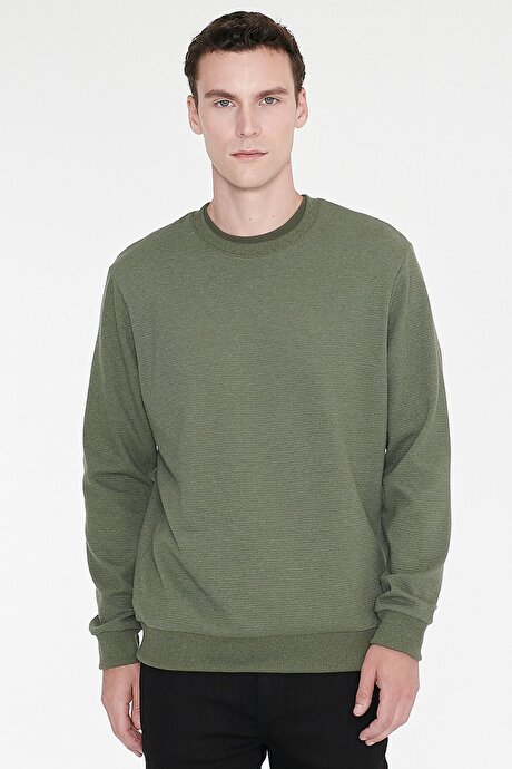 2 İplik Sıcak Tutan Standart Fit Normal Kesim Bisiklet Yaka Dokulu Haki Sweatshirt resmi