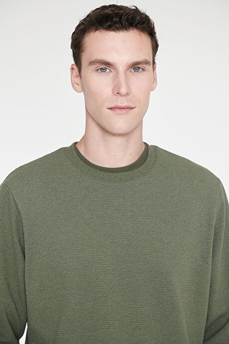 2 İplik Sıcak Tutan Standart Fit Normal Kesim Bisiklet Yaka Dokulu Haki Sweatshirt resmi
