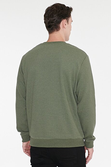 2 İplik Sıcak Tutan Standart Fit Normal Kesim Bisiklet Yaka Dokulu Haki Sweatshirt resmi