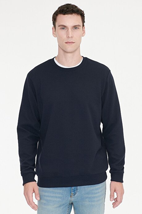 2 İplik Sıcak Tutan Standart Fit Normal Kesim Bisiklet Yaka Dokulu Lacivert Sweatshirt resmi