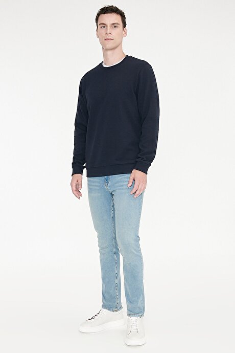 2 İplik Sıcak Tutan Standart Fit Normal Kesim Bisiklet Yaka Dokulu Lacivert Sweatshirt resmi