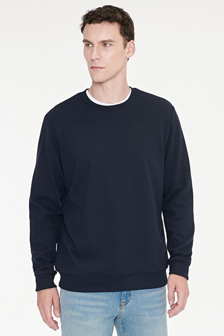 2 İplik Sıcak Tutan Standart Fit Normal Kesim Bisiklet Yaka Dokulu Lacivert Sweatshirt resmi